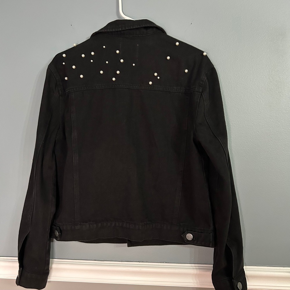 TGLA Black Pearl Studded Denim Jacket Womens Medium Embellished Trucker - Picture 4 of 10